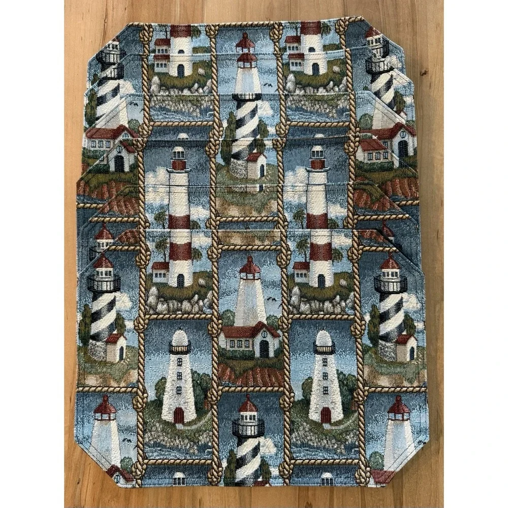 6‎ Vintage Tapestry Lighthouse Nautical Placemats Ocean Beach Theme Preowned